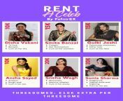 Rent-A-Celeb. Our premium service is now available in your city. Send us your order! You&#39;ve got 50K to spend; Disha Vakani, Smita Bansal, Gulki Joshi, Ansha Sayed, Sneha Wagh, Sonia Sharma from smita bansal nudeww
